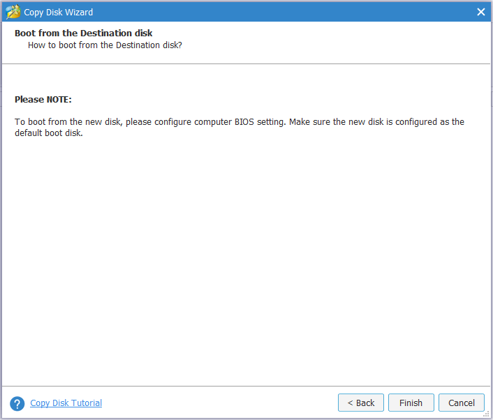 information about how to boot from destination disk