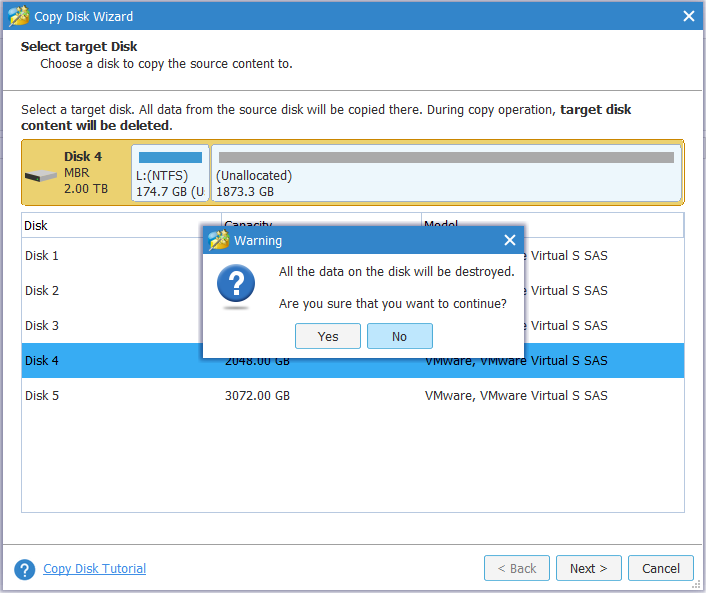 select a target disk to copy the source content